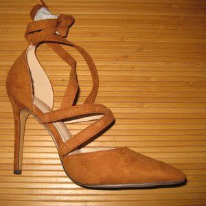Liliana Wagner-100 Tan Pumps Faux Suede Straps Lace Up Ankle Stiletto Size 6 NIB